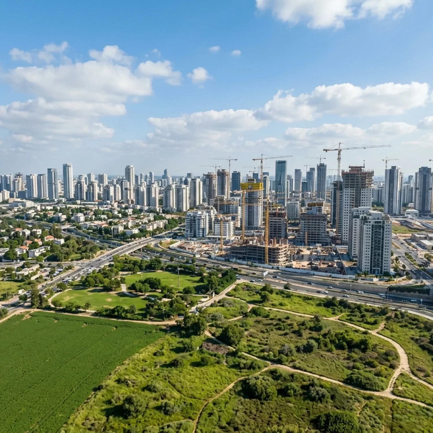 צילום רחפן ריאליסטי מואר של עיר במרכז הארץ בתנופת בנייה, מנופים באופק ושטחים ירוקים פתוחים בחזית, תאורת יום טבעית