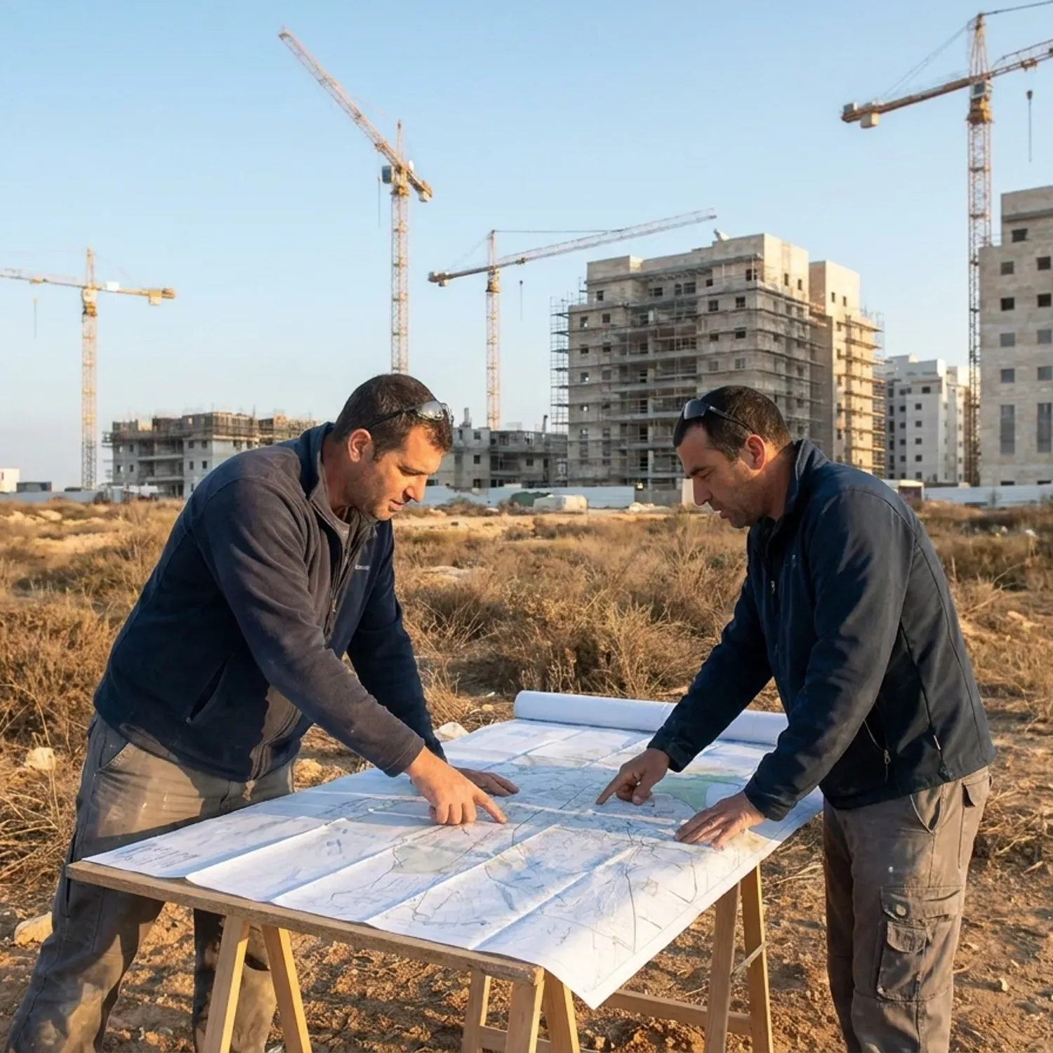 צילום מציאותי של שטח קרקע פתוח בגבול שכונת מגורים חדשה בישראל, ברקע נראים מנופים ובניינים בבנייה, שני גברים בלבוש יומיומי עומדים בשטח ומסתכלים על מפת מדידה מנייר, אור שמש של בוקר, ללא שלטים או לוגואים
