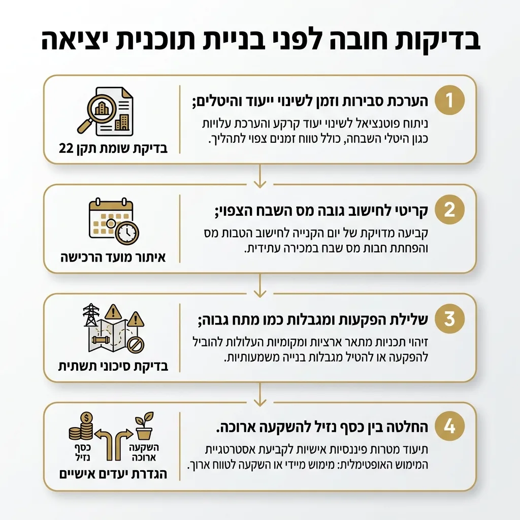 אינפוגרפיקה — בדיקות חובה לפני בניית תוכנית יציאה: בדיקת שומת תקן 22, איתור מועד הרכישה, בדיקת סיכוני תשתית, הגדרת יעדים אישי