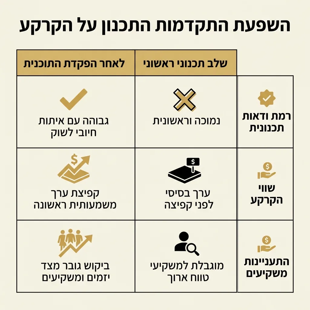 אינפוגרפיקה — השפעת התקדמות התכנון על הקרקע: השוואה בין שלב תכנוני ראשוני, לאחר הפקדת התוכנית