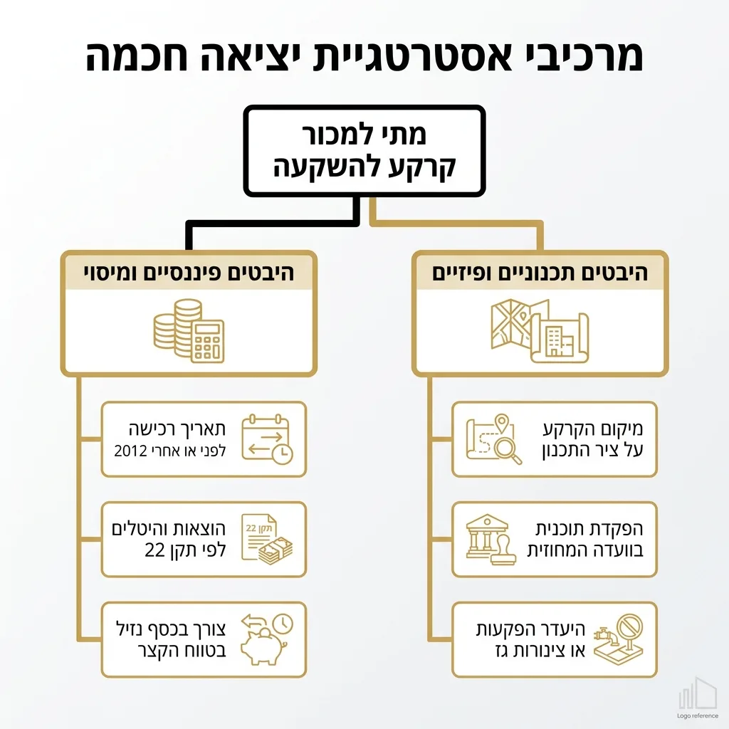 אינפוגרפיקה — מרכיבי אסטרטגיית יציאה חכמה: מתי למכור קרקע להשקעה